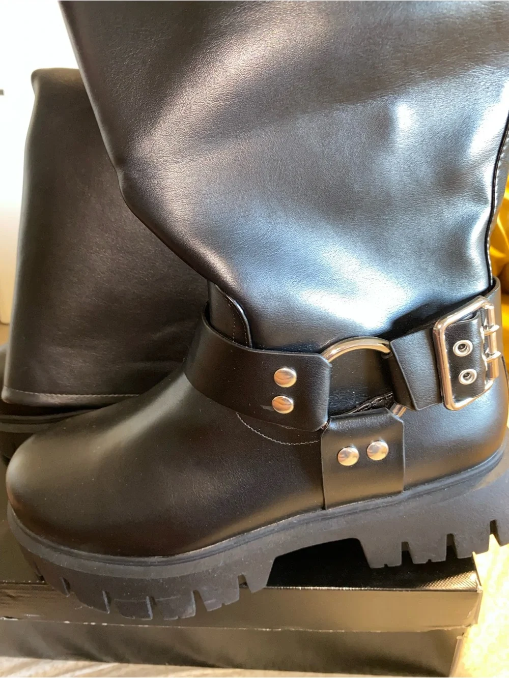 ASOS Design Wide Fit Knee High Chunky Biker Boots in Black - Size 12W - NEW - Picture 3 of 5